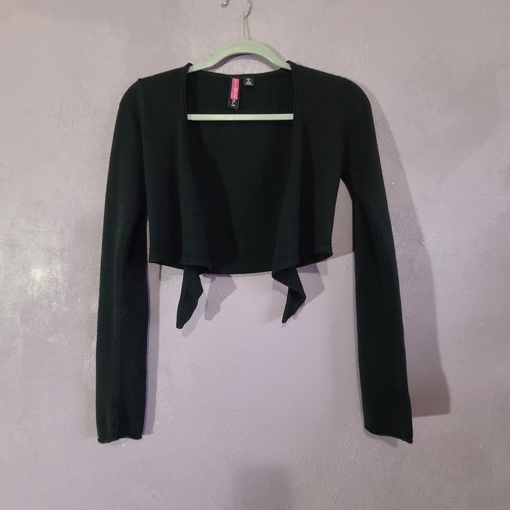 Say What? Shrug Sweater Women Medium Black Tie Front Cropped Long Sleeve Bolero
